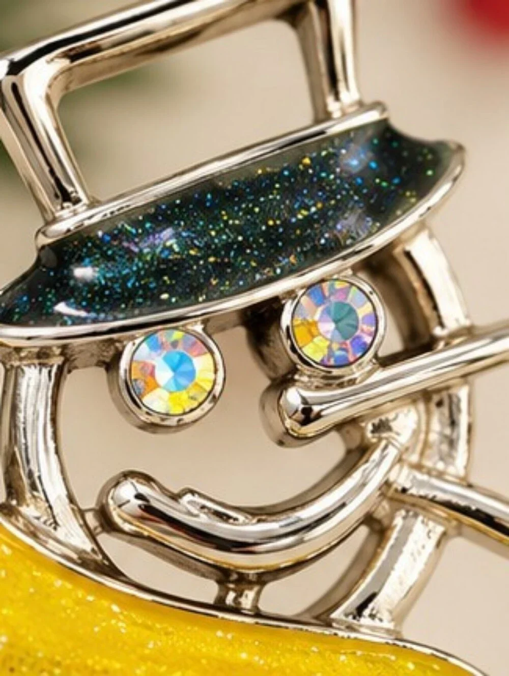 Vintage Snowman Brooch AB Rhinestone Yellow Enamel Christmas Holiday Pin
